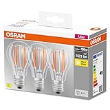 OSRAM LED-Lampe, Sockel: E27, Warm weiß, 2700 K, 11 W, Ersatz für 100-W-Glühbirne, klar, LED BASE CLASSIC A, 3er-Pack