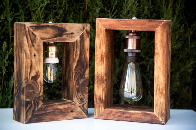 Eigenbau Vintage Lampe im Holz Rahmen
